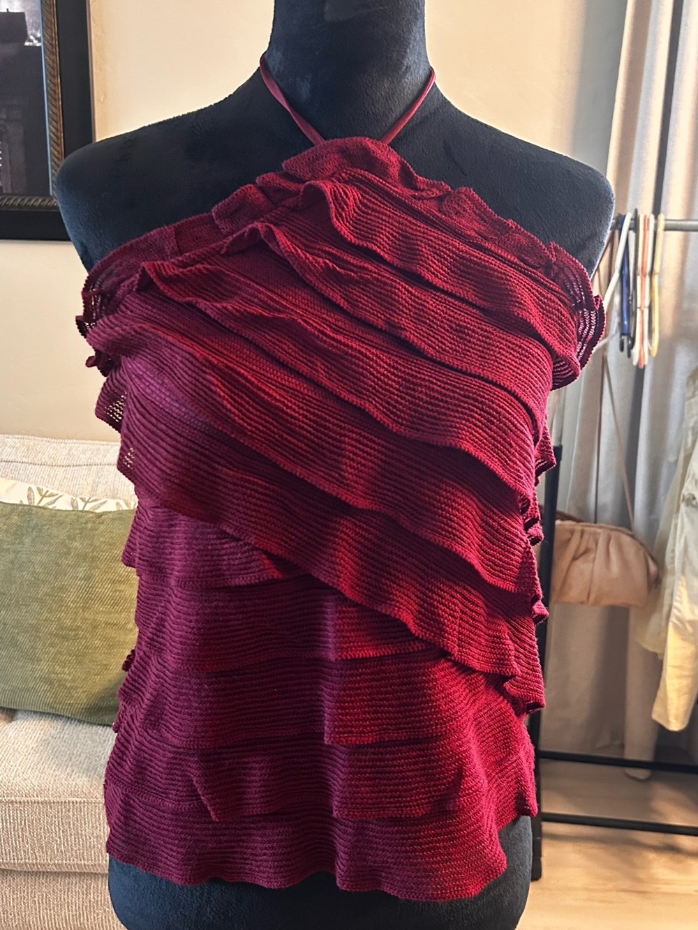 LOFT One-Shoulder Ruffled Knit Top - Burgundy